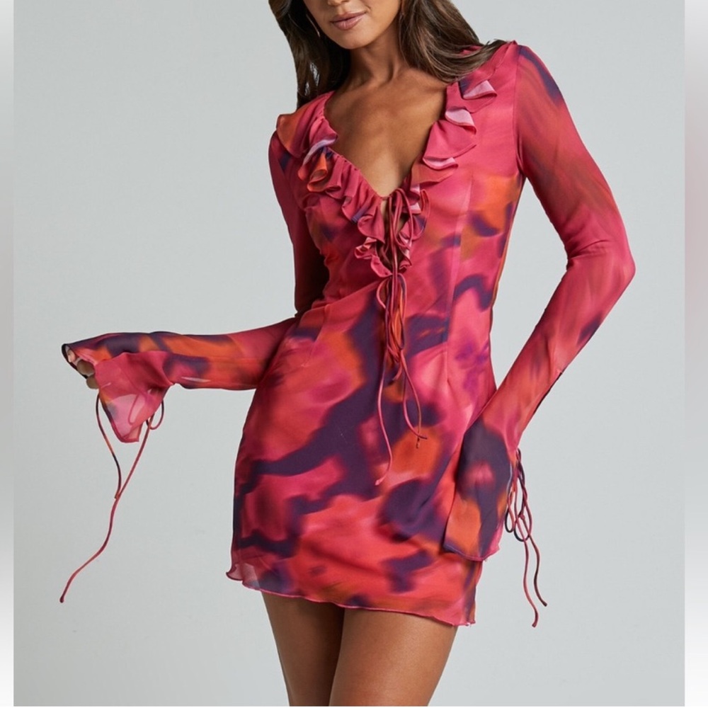 Showpo Pink and Purple Ruffle-Front Mini Dress size 4